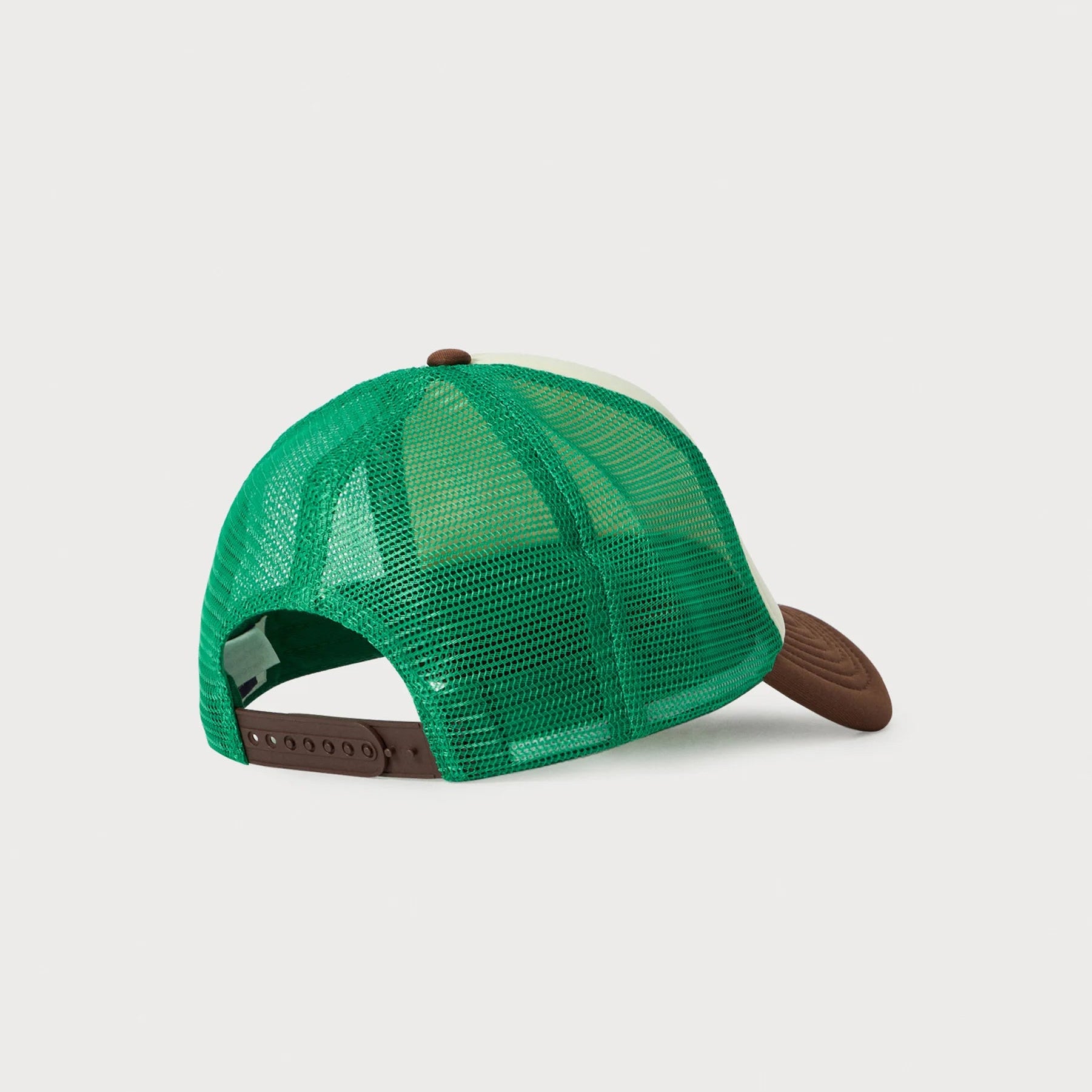 Green mesh cap with brown brim on a light gray background
