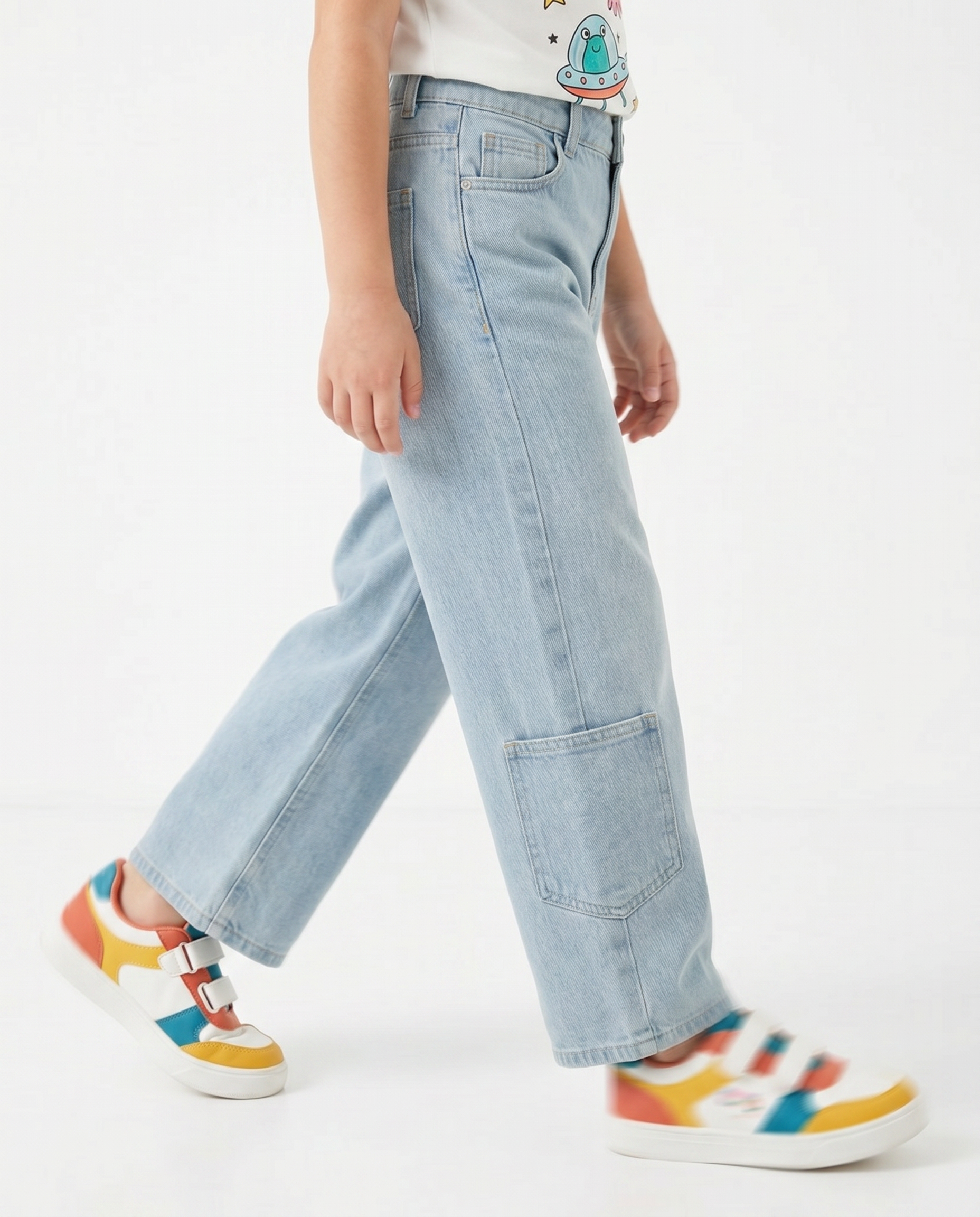 Girls Wide-Leg Utility Jeans — Light Wash
