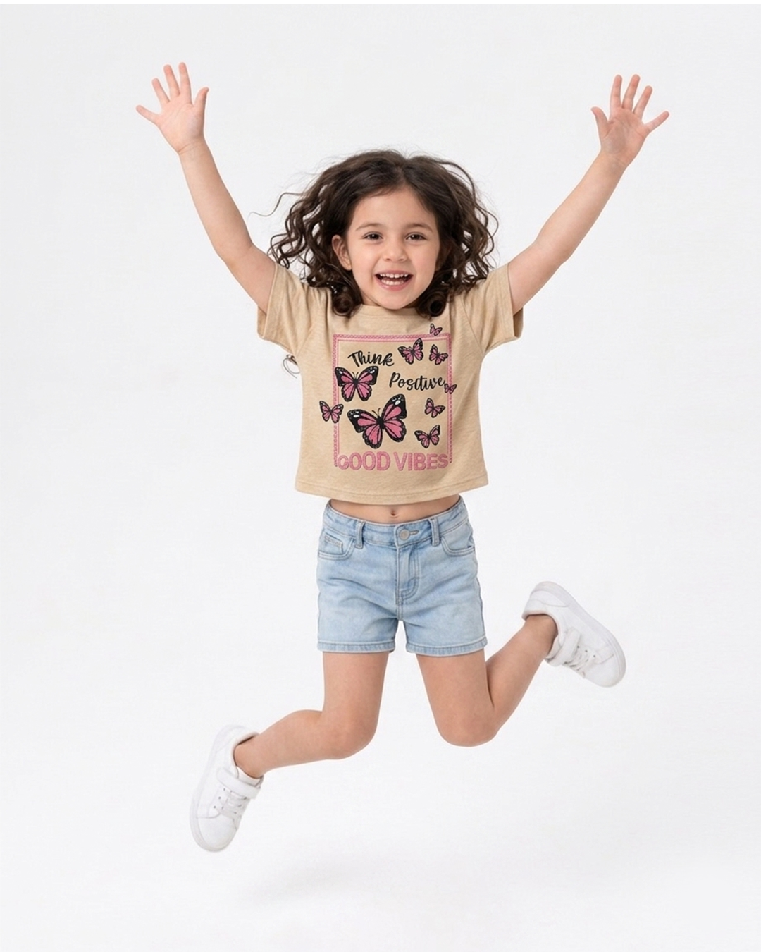 Think Positive Good Vibes Graphic Crop Tee — Beige