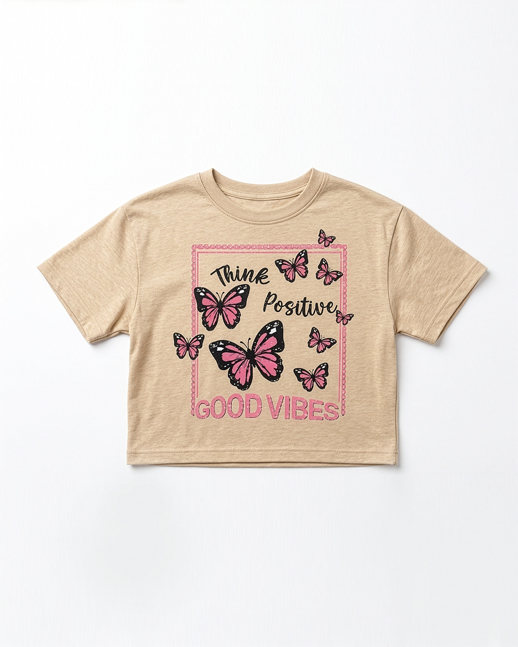 Think Positive Good Vibes Graphic Crop Tee — Beige