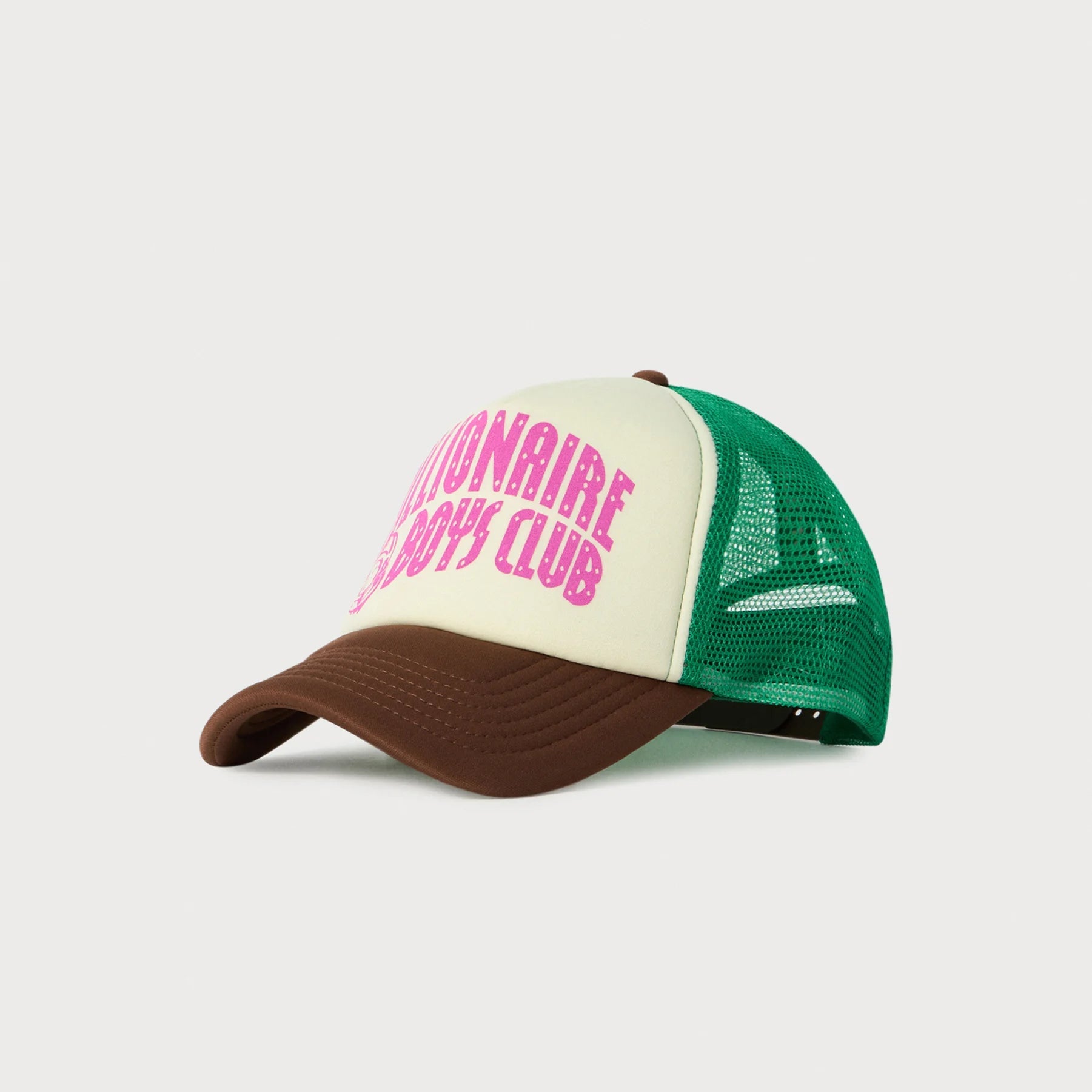 Trucker hat with brown front panel, green mesh back, and pink text on a light gray background