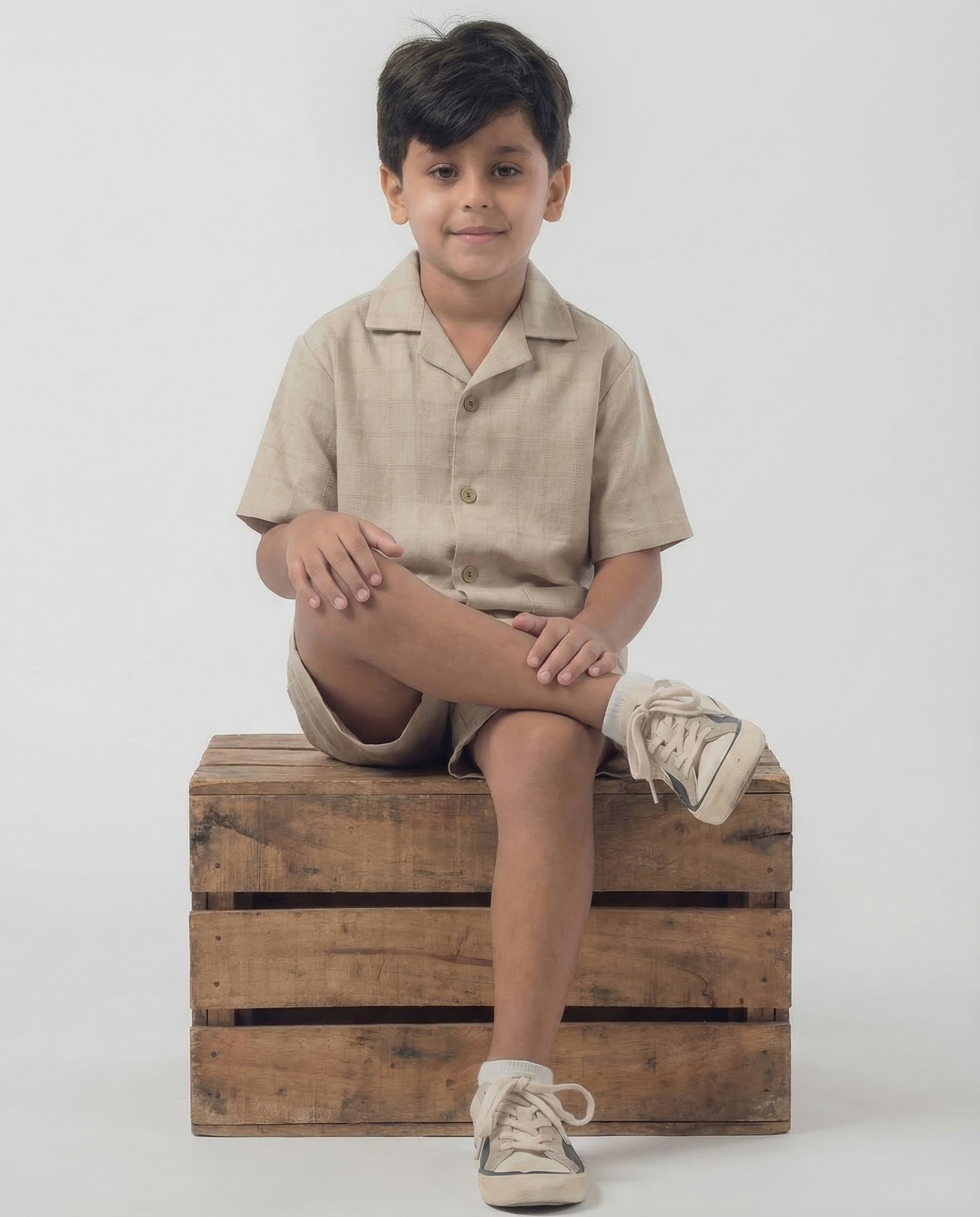 Linen Resort Set — Beige Check | Boys