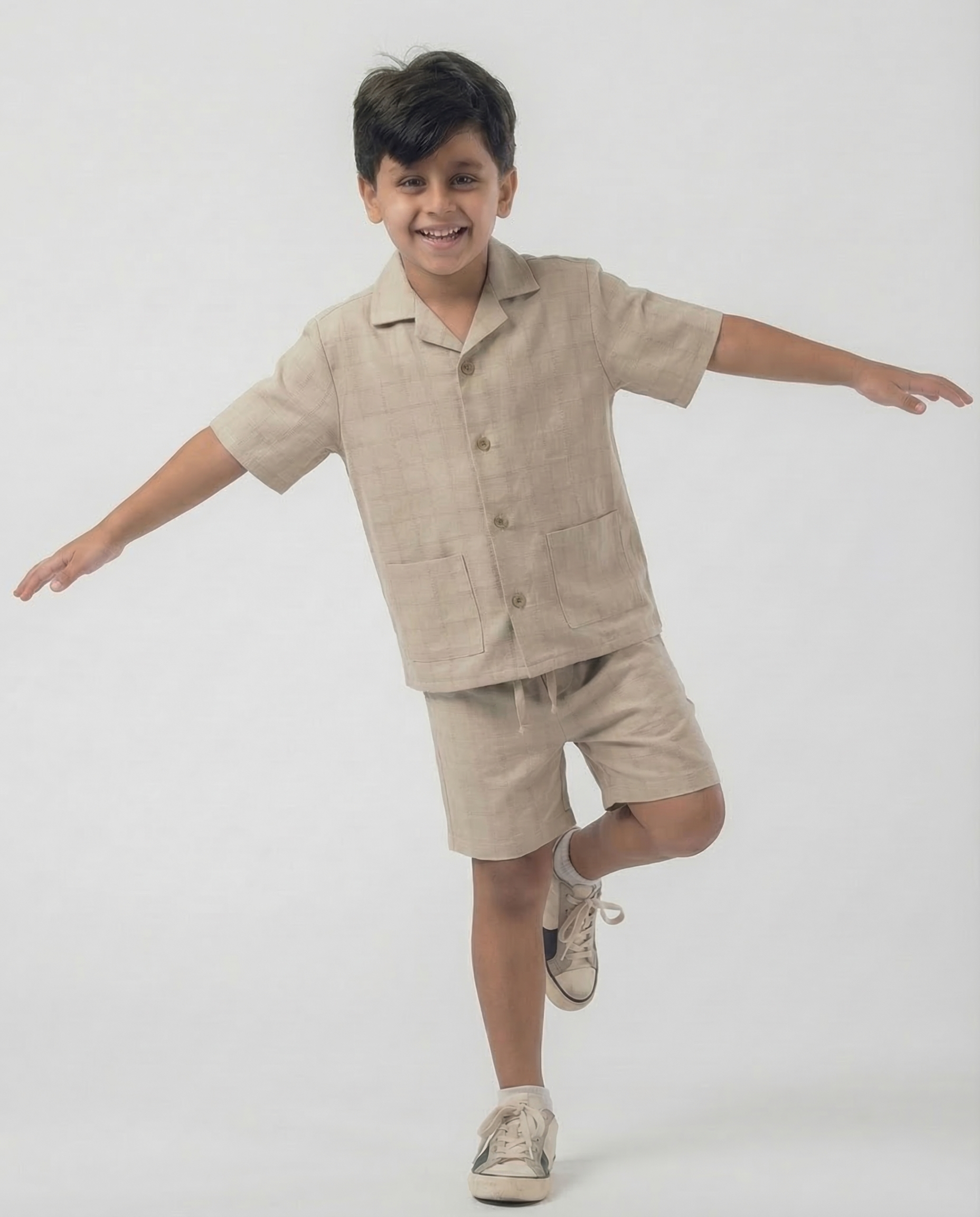 Linen Resort Set — Beige Check | Boys