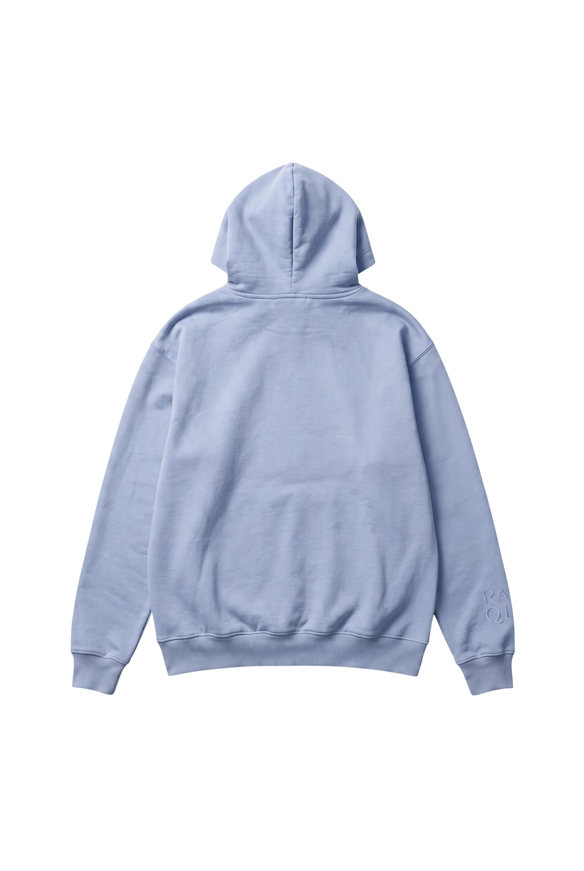 Back view of a RAQI sky blue pullover hoodie with a structured hood and subtle tonal sleeve embroidery.