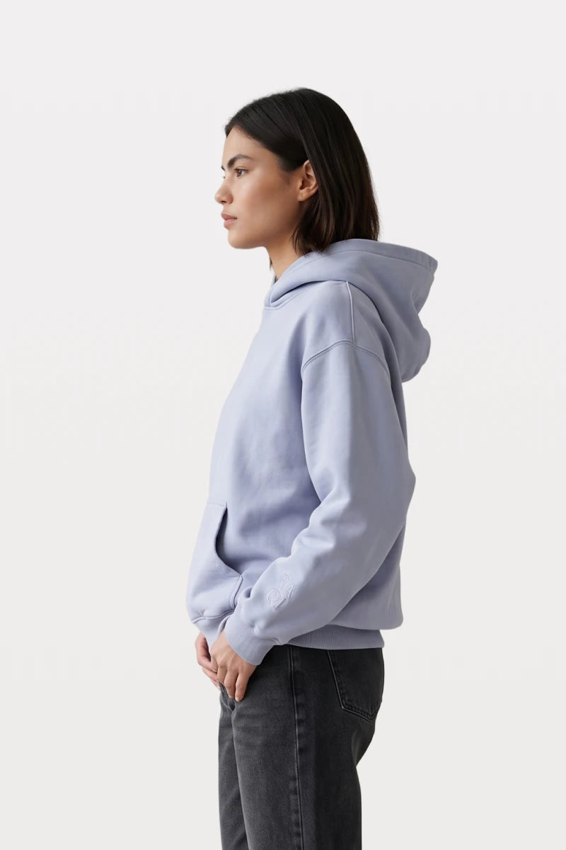 Model wearing a RAQI sky blue pullover hoodie with a kangaroo pocket and tonal sleeve embroidery, side view