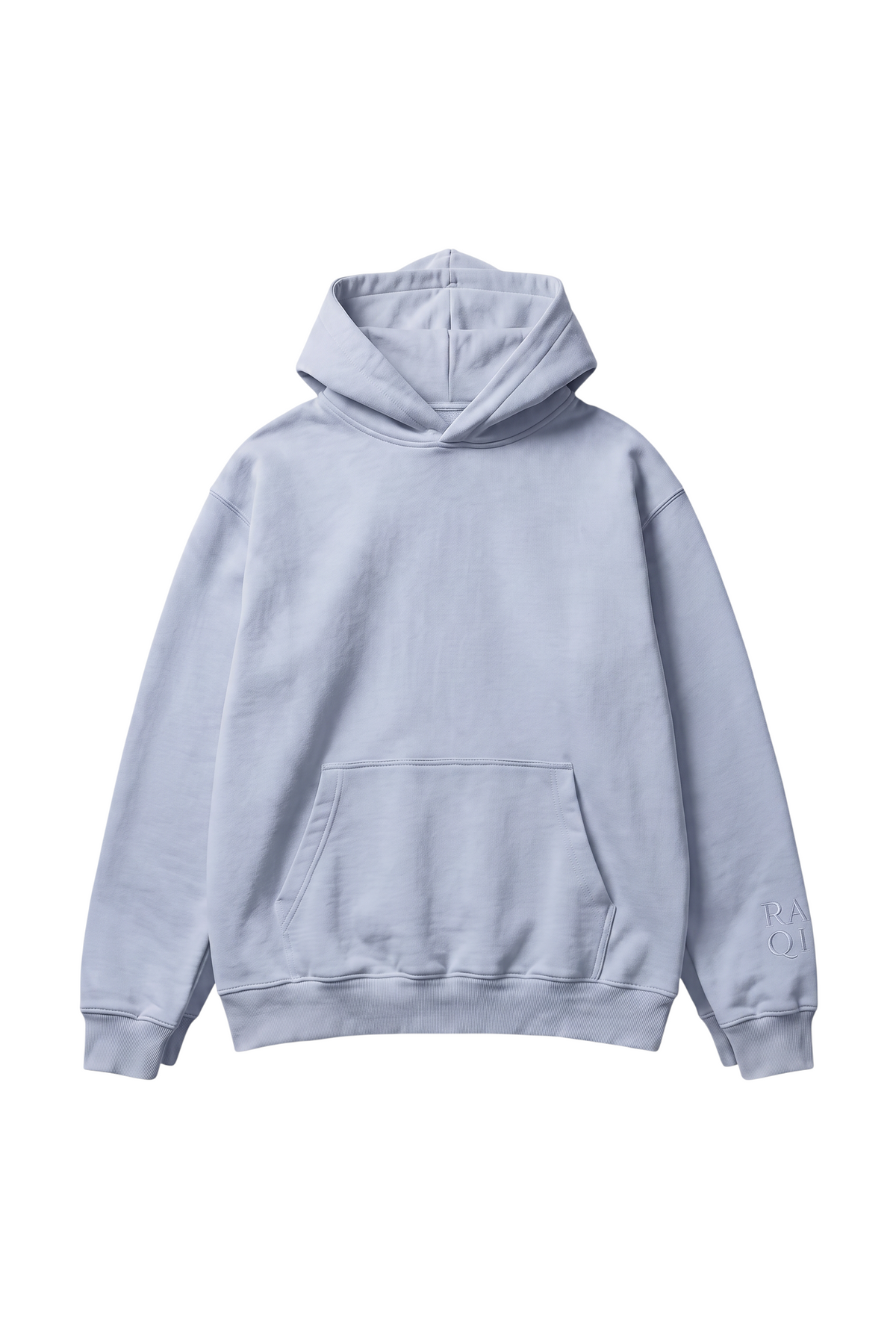 RAQI sky blue pullover hoodie with a kangaroo pocket, ribbed cuffs, and subtle tonal sleeve embroidery.