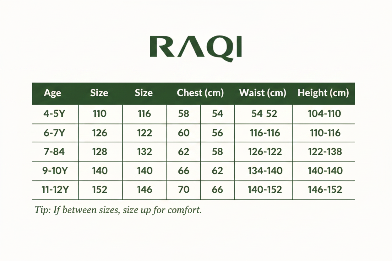 Size Chart - RAQI Brand Style with Logo